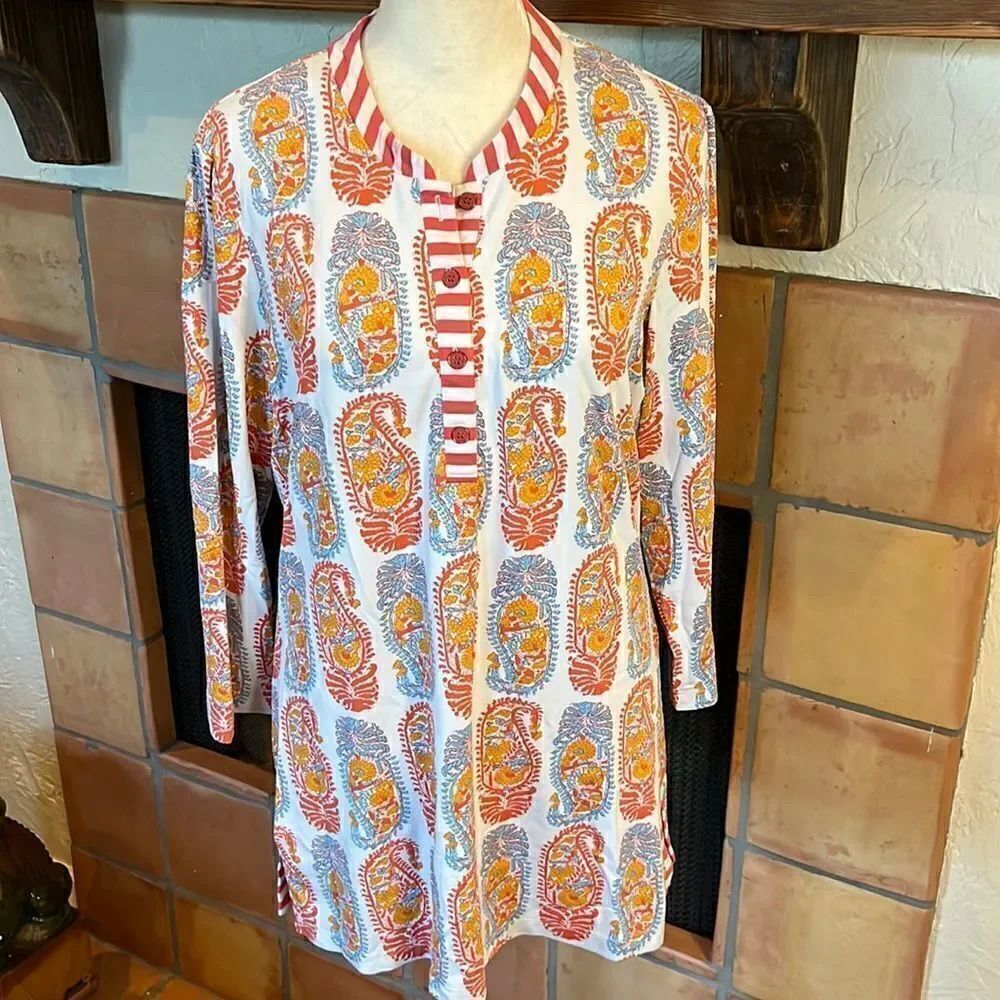 J. McLaughlin Orange and Blue Paisley Tunic Top, M!
